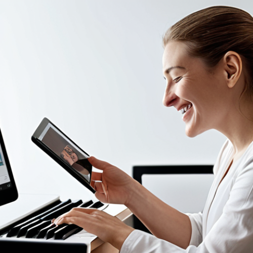 Home 4 **
A music therapist using a tablet to compose music with a patient in a modern, minimalist office. The therapist is smiling warmly, but a faint shadow of concern crosses their face, representing the challenges of balancing technology with human connection in music therapy. The overall tone is hopeful but cautious.
**