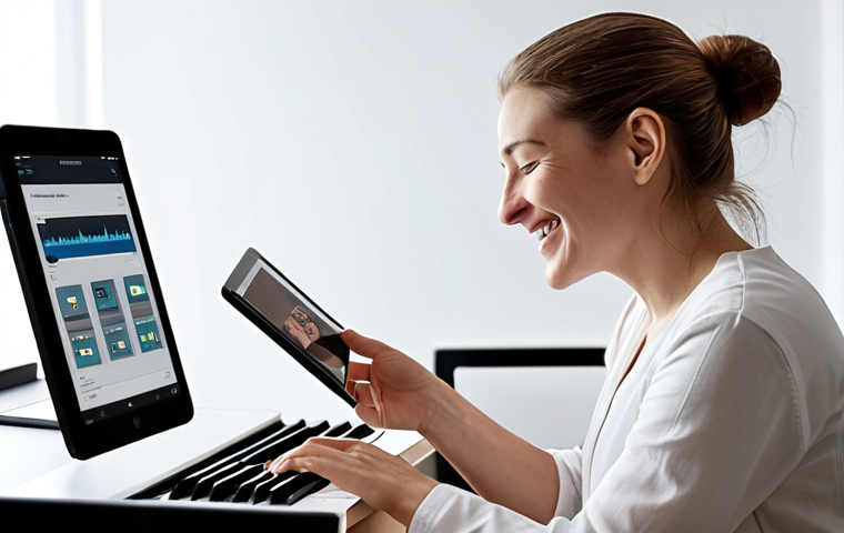 **
A music therapist using a tablet to compose music with a patient in a modern, minimalist office. The therapist is smiling warmly, but a faint shadow of concern crosses their face, representing the challenges of balancing technology with human connection in music therapy. The overall tone is hopeful but cautious.
**