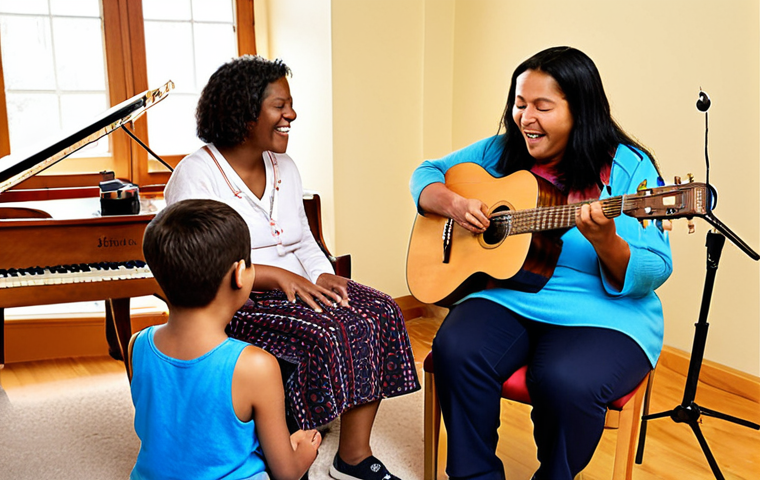 The Soulful Connection of Music Therapy**
    A serene and empathetic music therapist gently interacts with diverse individuals (children, adults, and elderly) in a warm, inviting room filled with various musical instruments like a guitar, a piano, and simple percussion. The atmosphere is one of profound emotional connection, showing expressions of calm, relief, or quiet joy as participants engage with the music, illustrating the universal language of sound fostering human bonds and healing.

2.  **Prompt for