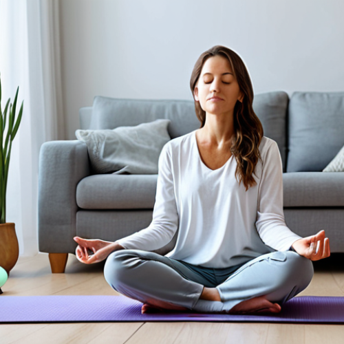 Home 8 Sound Therapy at Home**
"A serene living room bathed in soft light. A woman in comfortable, modest clothing is meditating on a yoga mat. In the background, subtle speakers emit gentle sound waves visualized as glowing, calming patterns. Essential oil diffusers release fragrant mist. safe for work, appropriate content, fully clothed, professional, perfect anatomy, correct proportions, natural pose, well-formed hands, proper finger count, natural body proportions, high quality, aromatherapy, relaxing atmosphere, home interior."
**