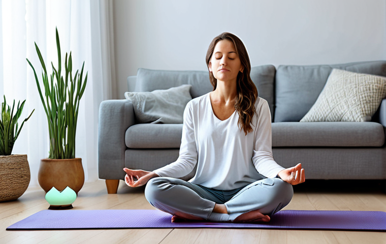 Sound Therapy at Home**
"A serene living room bathed in soft light. A woman in comfortable, modest clothing is meditating on a yoga mat. In the background, subtle speakers emit gentle sound waves visualized as glowing, calming patterns. Essential oil diffusers release fragrant mist. safe for work, appropriate content, fully clothed, professional, perfect anatomy, correct proportions, natural pose, well-formed hands, proper finger count, natural body proportions, high quality, aromatherapy, relaxing atmosphere, home interior."
**