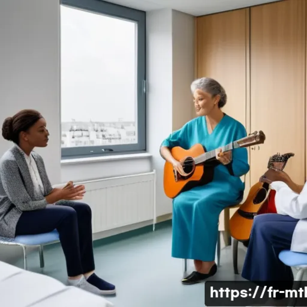 음악테라피사 연봉 정보와 변화 - A professional music therapist conducting a therapy session in a modern Paris hospital room, surroun...