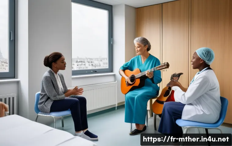 음악테라피사 연봉 정보와 변화 - A professional music therapist conducting a therapy session in a modern Paris hospital room, surroun...