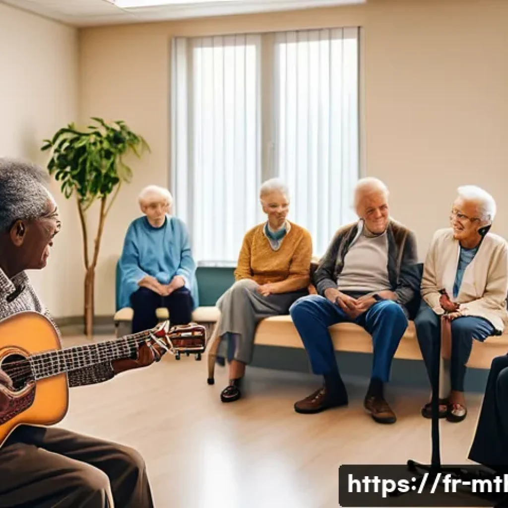 음악테라피사 취업 성공 사례 - A compassionate music therapist conducting a group session in a hospital rehabilitation center, surr...