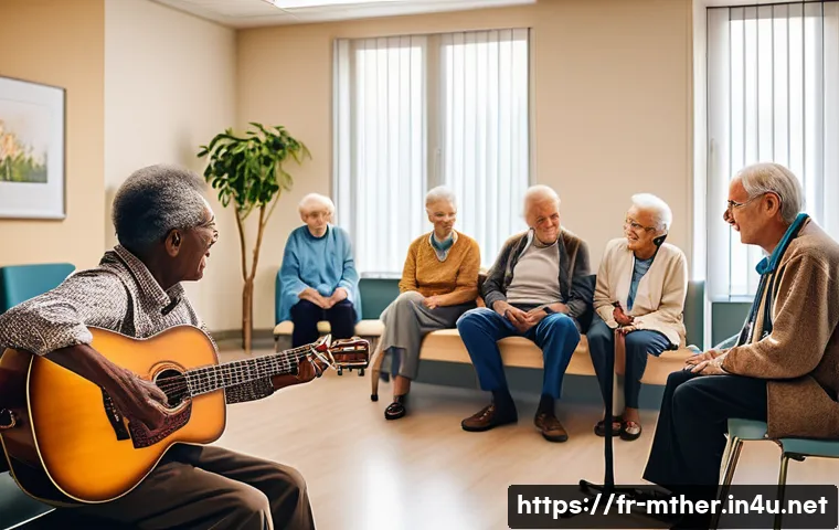 음악테라피사 취업 성공 사례 - A compassionate music therapist conducting a group session in a hospital rehabilitation center, surr...