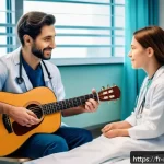 Home 18 음악테라피사 실습과 실제 업무의 차이 - A compassionate music therapist in a bright, modern hospital room gently playing a wooden acoustic g...