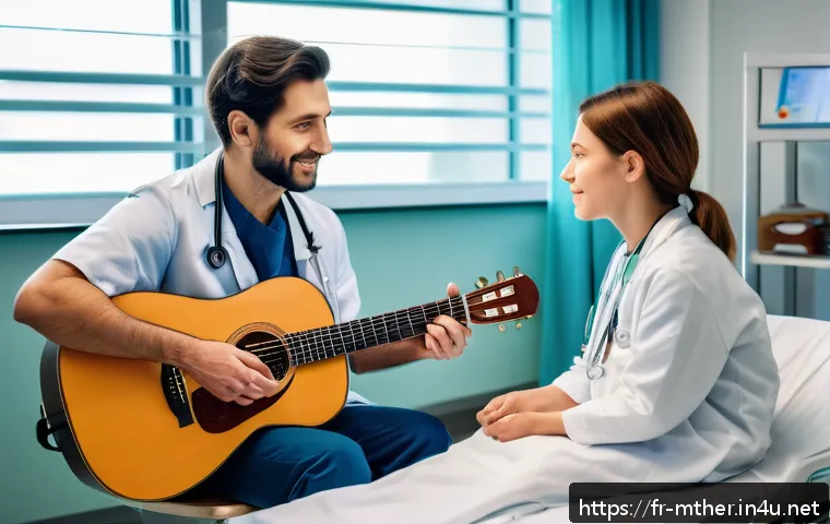 음악테라피사 실습과 실제 업무의 차이 - A compassionate music therapist in a bright, modern hospital room gently playing a wooden acoustic g...