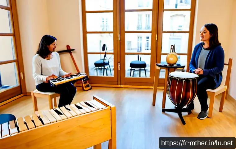 음악테라피사 이론 정리 - Photorealistic French music therapy classroom, compassionate music therapist guiding a small adult g...