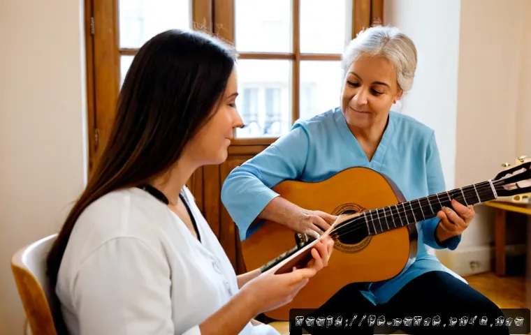 음악테라피사 치료 이론 및 기법 - Photorealistic music therapy session in a warm Parisian wellness clinic, compassionate female therap...